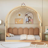 Polibi Twin Size Extended Bed with Arched Canopy, Trundle and Light Strip, Wooden Canopy Bed with Whiteboard (Natural) Polibi
