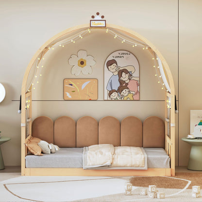 Polibi Twin Size Extended Bed with Arched Canopy, Trundle and Light Strip, Wooden Canopy Bed with Whiteboard (Natural)