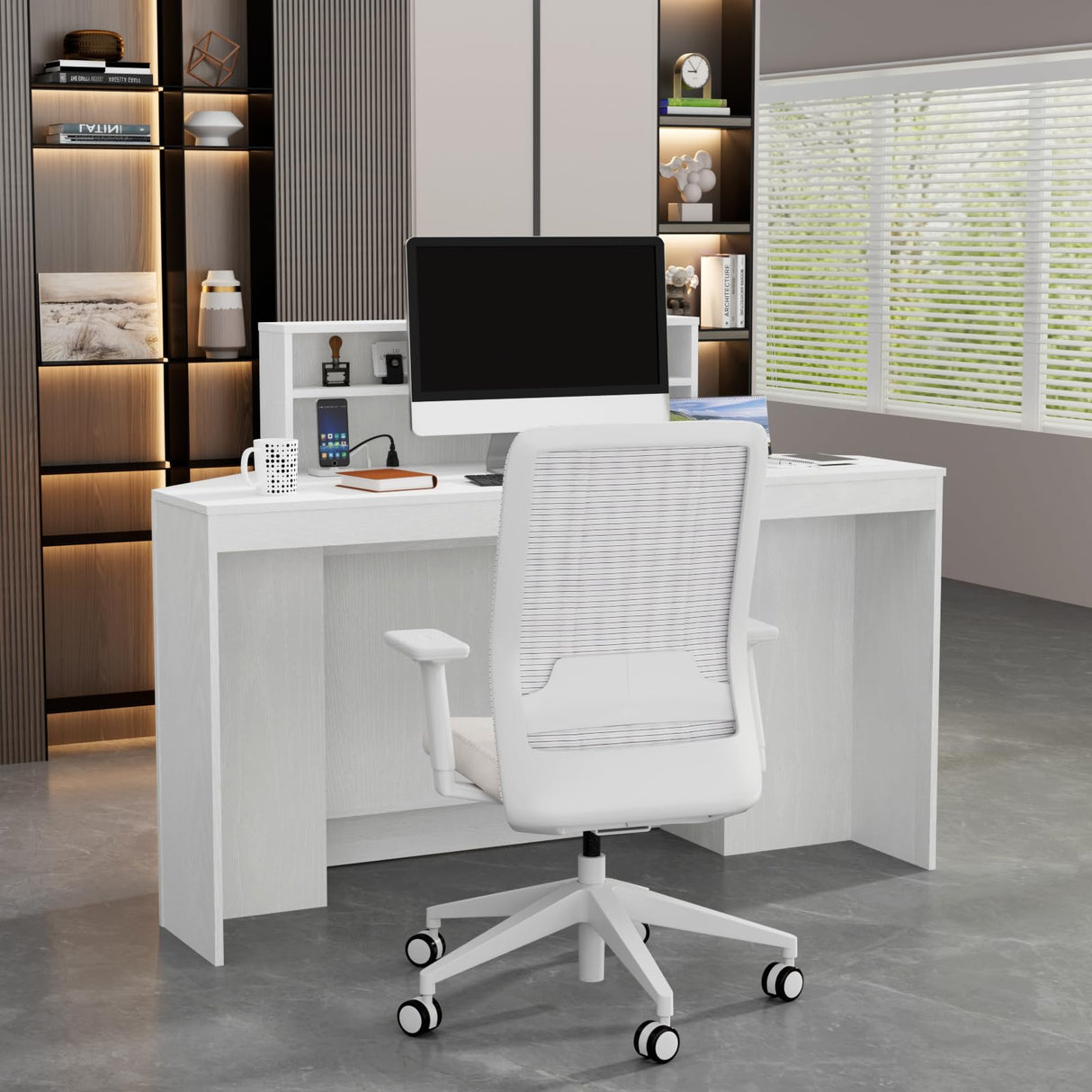 VOWNER 39.3" H Modern Reception Desk with LED Lighting, Office Counter with Display Cabinet, Secretary Desk with Power Outlets – Front Desk for Salon, Lobby (55.1" W x 21.2" D x 39.3" H) (White) VOWNER