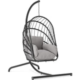 YITAHOME Hanging Egg Chair with Stand, Rattan Wicker Swing Egg Chair with Resistant Cushion, 300lbs Capacity, Foldable Hanging Basket Chair for Porch, Garden, Bedroom, Balcony - Grey YITAHOME