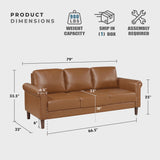 Lexicon 79" W Sofa Couch, Faux Leather Upholstered Couch, Sofa with Rolled Armrest for Bedroom/Office/Waiting Room, 3 Seater, Brown Lexicon