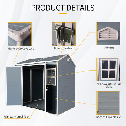 Wekuku 8x4ft Resin Outdoor Storage Shed with Two-Window and Double-Door, Plastic Shed with Floor for Gargen, Patio, Yard, Lawn, Grey (1 Doors) (Grey, 4x8ft)