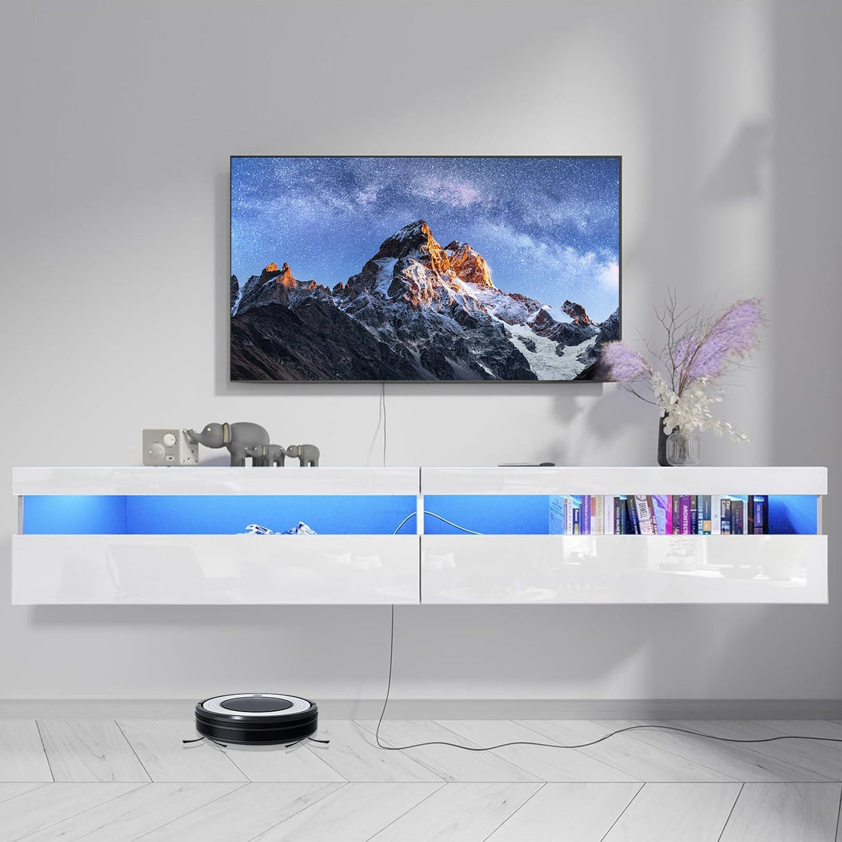 Floating TV Stand Wall Mounted with Power Outlet, Modern Floating Entertainment Center for 80 Inch TV, High Gloss Floating TV Shelf with LED Lights for Living Room, Bedroom, White Doredo