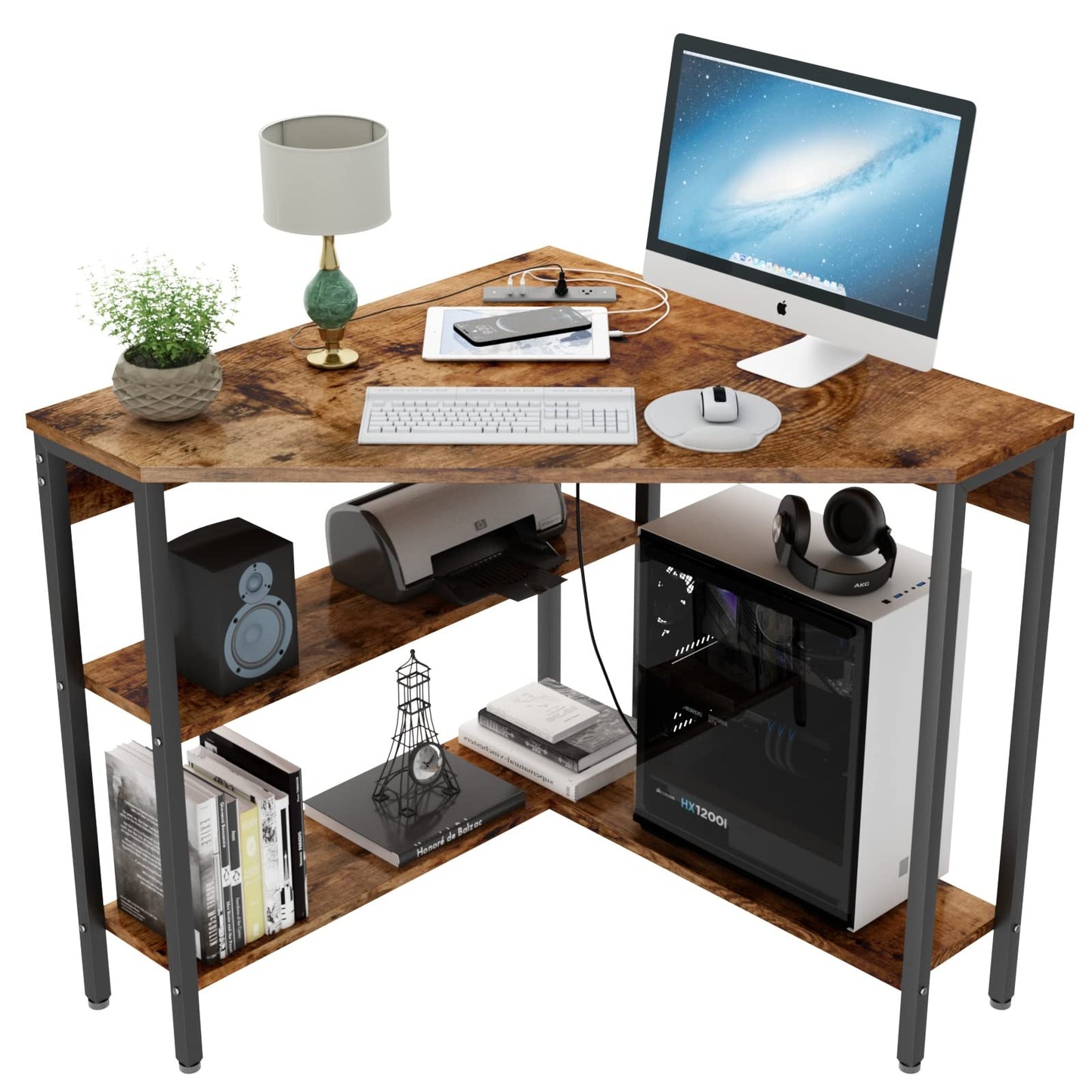 Auromie Corner Desk with Outlets & USB Ports, 90 Degree Triangle Corner Table with CPU Stand & Storage Shelves for Small Space, Computer Table with Charging Station for Home Office Bedroom (Rustic)