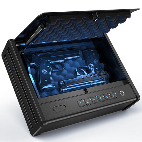 Dveron Biometric gun safe for handgun, Quick Access Fingerprint ＜1s Pistol Safe, Gun Lock Box Gun for Cloakroom Bedroom Nightstand and Car, Black Safe Box, Carbon Steel Construction Dveron