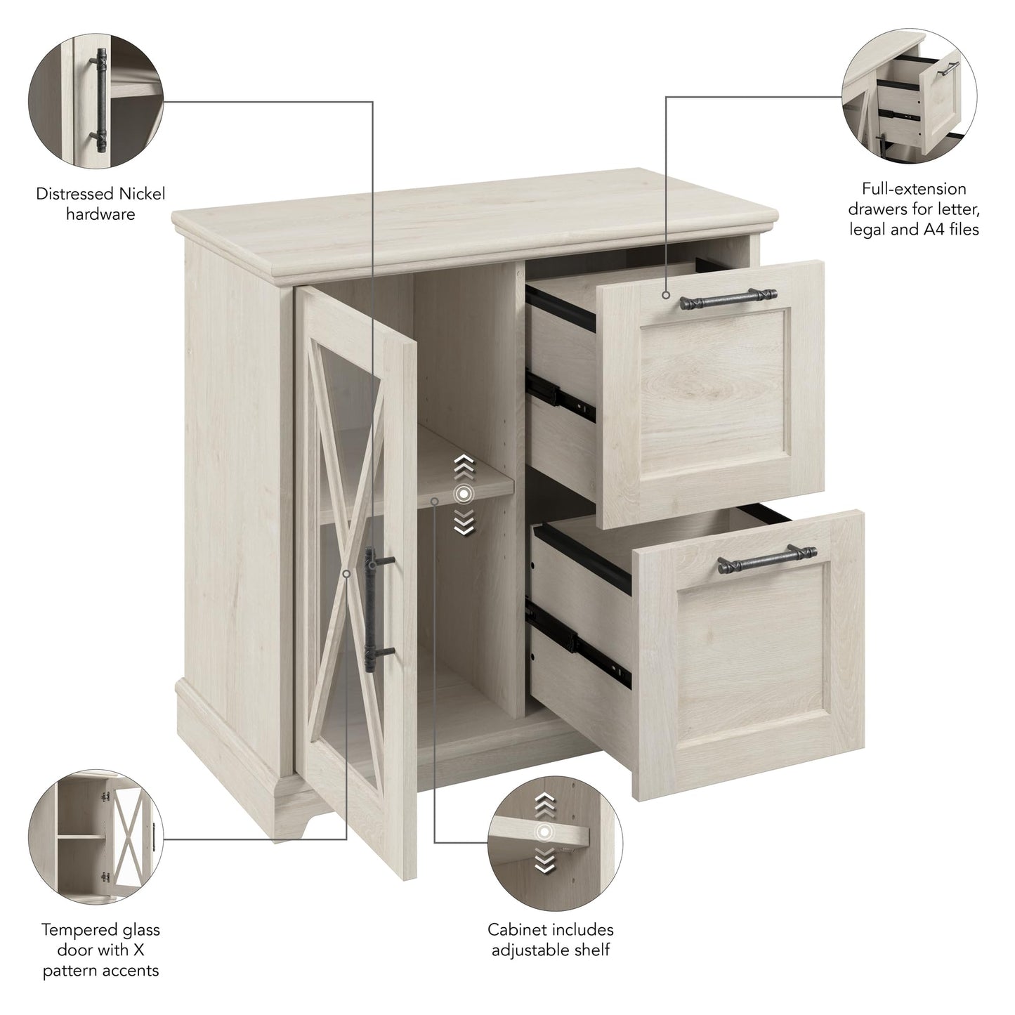 Bush Furniture Lennox Farmhouse 2 Drawer Lateral File Cabinet with Shelves | Versatile Storage for Home Office and Living Room, Linen White Oak - WoodArtSupply