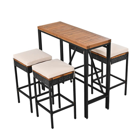 5-Piece VilroCaz Outdoor Acacia Wood & Wicker Counter Height Dining Set with Cushioned Stools VilroCaz