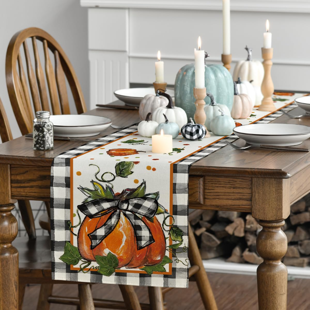 Artoid Mode Pumpkin Bow Buffalo Plaid Fall Table Runner,Seasonal Autumn Kitchen Dining Table Decoration for Home Party Decor 13x72 Inch Artoid Mode