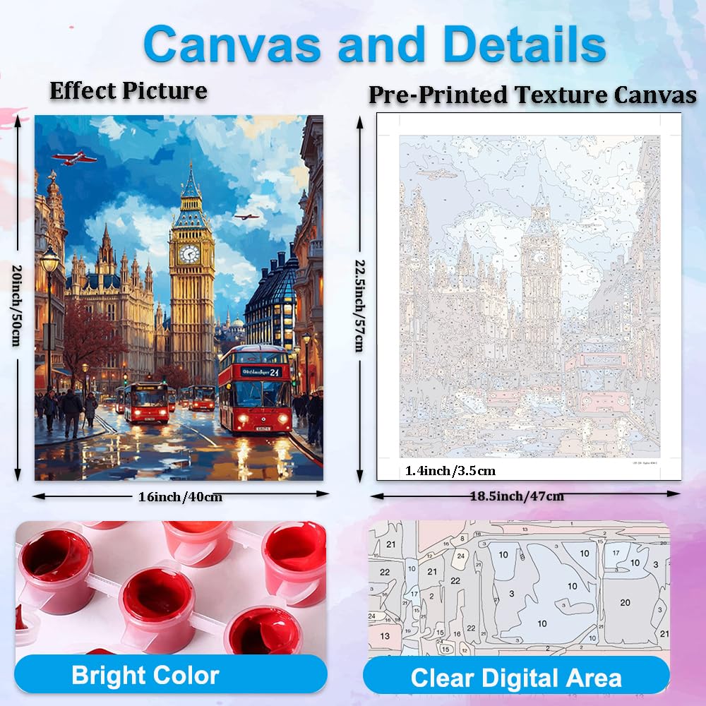 Artunion Big Ben Paint by Numbers Kit for Adults,London City Street Paint by Number Kits, DIY Oil Painting Paint by Number Kits on Canvas Arts Craft for Home Wall Decor 16x20 Inch Artunion