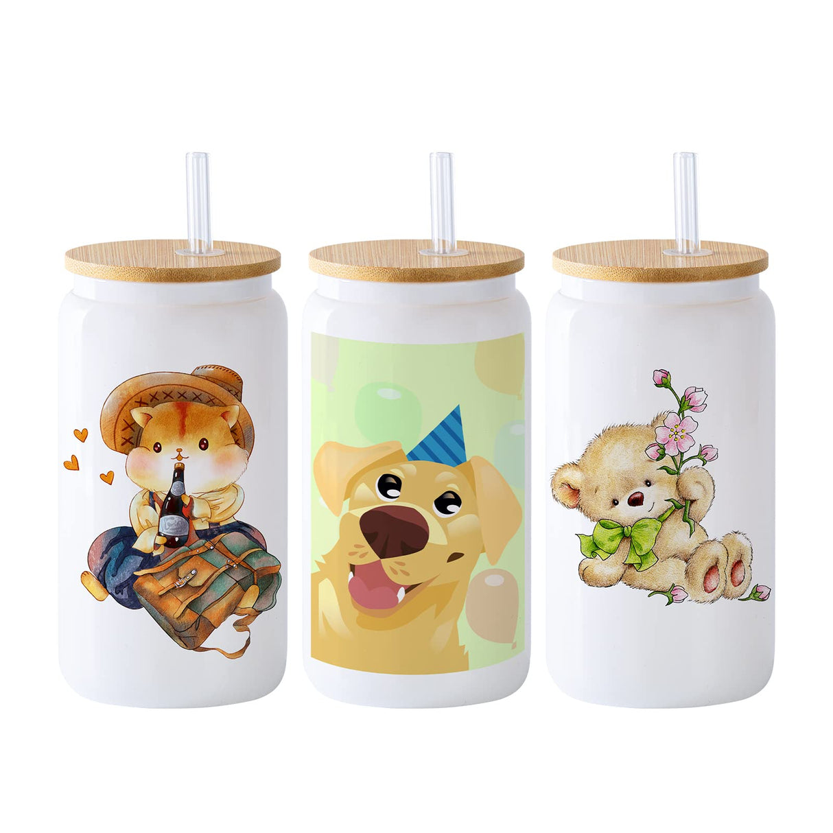 YOUKE OLA 20 Pack Sublimation Blank White Glass Cans Sublimation Beer Glass Cups with Bamboo Lids Borosilicate Glasses Tumbler Mason Jar Cups Mug with Glass Straw for Beer, Juice, Drinks 16oz White YOUKE OLA