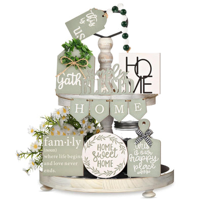 EMVANV 11 PCs Tiered Tray Decoration Set,Wood Sign Rustic Home Sweet Home Simply Blessed Home Tiered Tray Decorations for Dining Room Country Summer Shelf Centerpiece Present(Green+White)