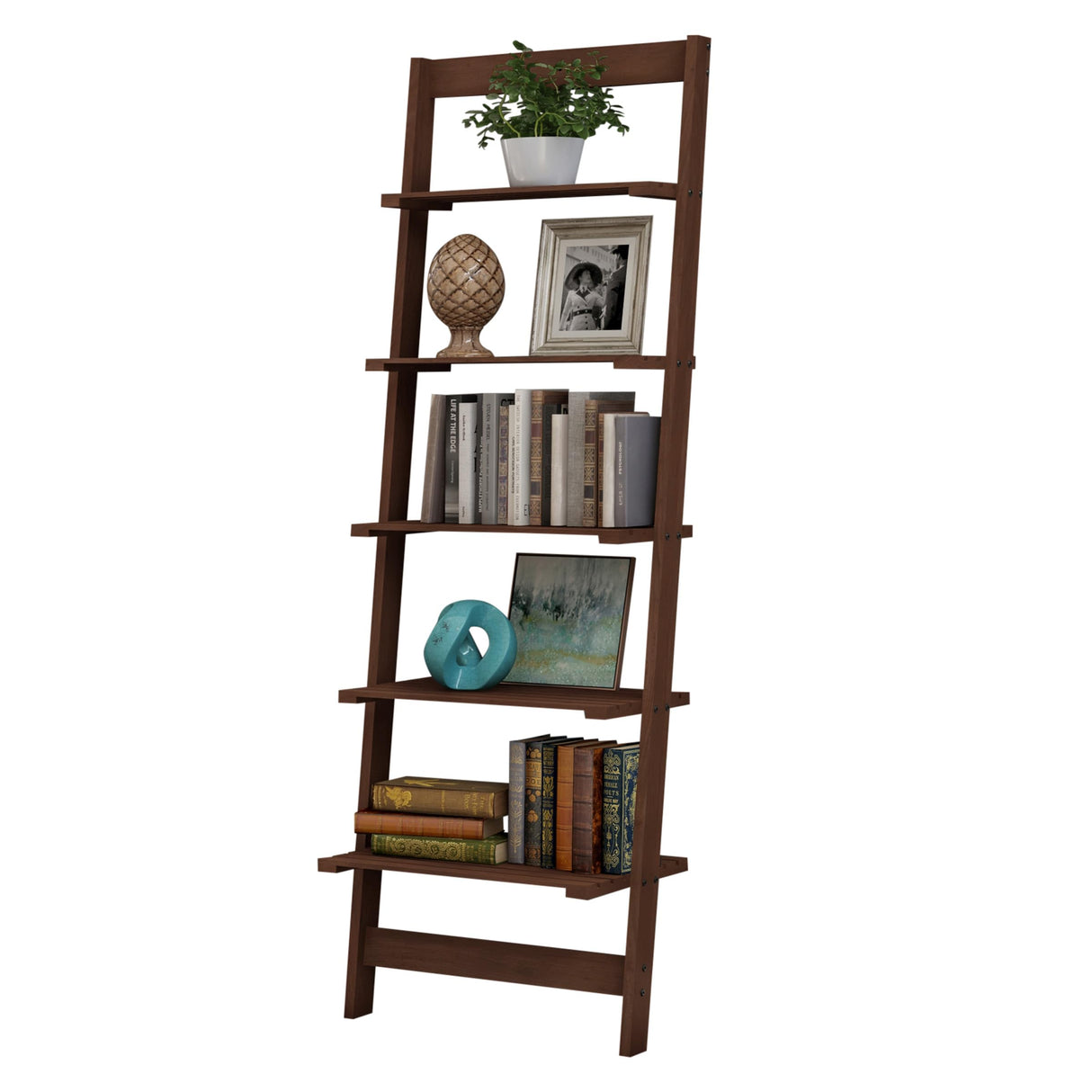 5-Tier Ladder Shelf - 50-Inch Narrow Leaning Bookshelf - Wooden Bookcase for Living Room, Bathroom, Kitchen, Office, or Bedroom Furniture by Lavish Home (Walnut) Lavish Home