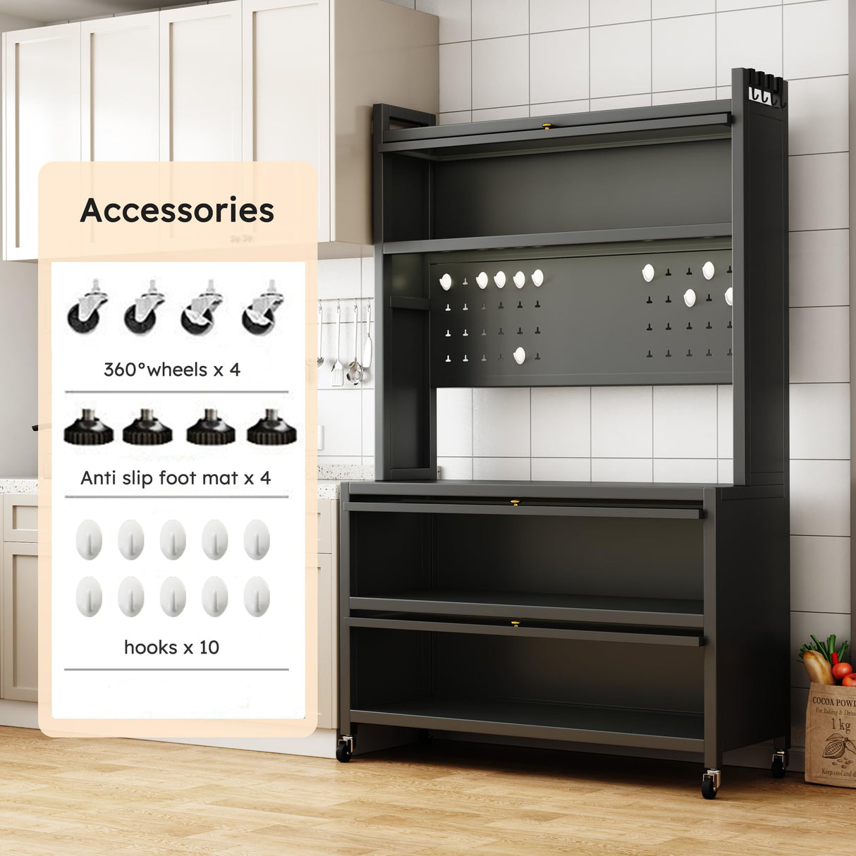 5 Tier 63" Metal Kitchen Storage Cabinets with 10 Hooks,Microwave Stand,Kitchen Storage Rack for Home, Office,Pantry White Wohh