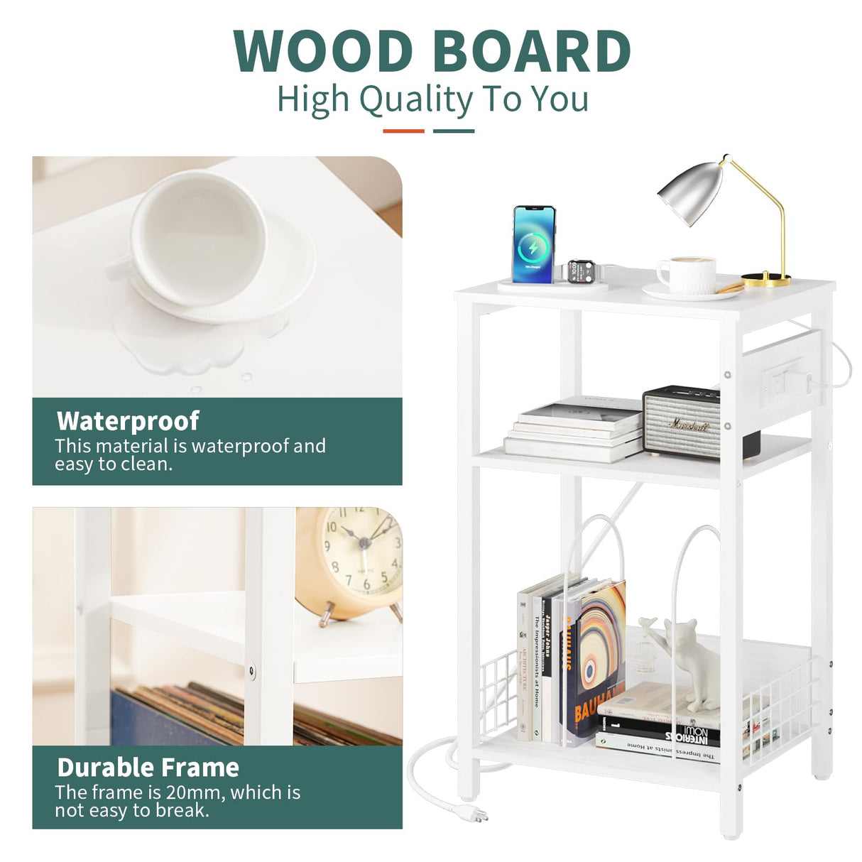 Yoobure Record Player Stand, 3-Tier White Side Table with Charging Station, Small End Table Nightstand with Vinyl Storage, Tall Beside Tables Turntable Stand for Album CD, Night Stand for Living Room Yoobure