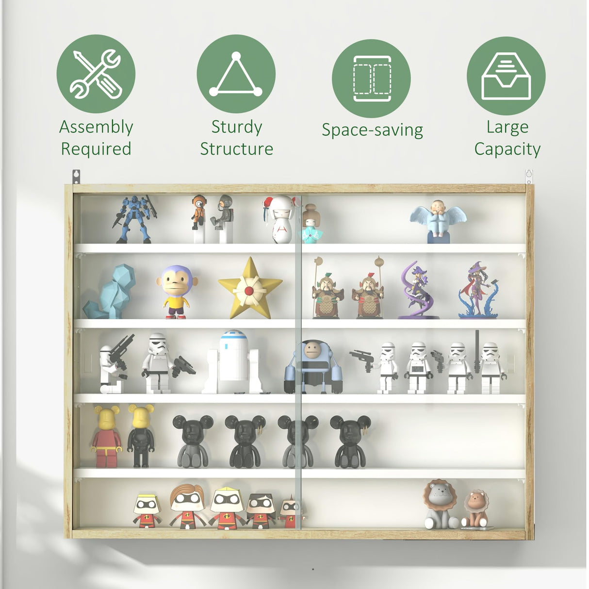 HOMCOM 5-Tier Display Cabinet, Glass Door Cabinet with Adjustable Shelves, Wall-Mounted Display Case for Playroom, Bedroom, Oak HOMCOM