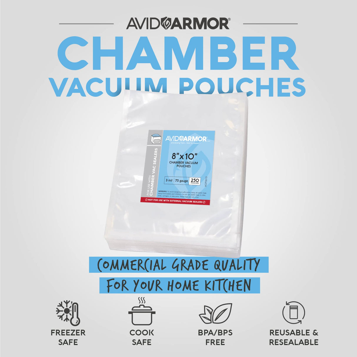 Avid Armor – Chamber Machine Pouches, Pre-Cut Chamber Vacuum Sealer Bags, Heavy Duty Seal Pouch, BPA-Free Chamber Sealer, Vacuum Chamber Pouches (250, 8x10) Avid Armor