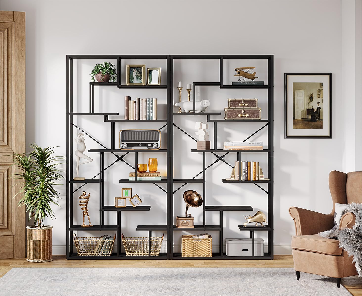 Tribesigns 79'' Black Etagere Bookshelf with 12 Open Shelves - 7-Tier Modern Wood Display Unit - WoodArtSupply