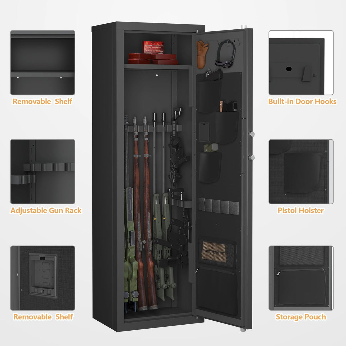 Clickoods 10-12 Gun Safe with Fingerprint Lock - Large Gun Cabinet for Home Rifles and Pistols - Quick Access Heavy Duty Rifle Safe for Home with Adjustable Gun Racks, Handgun Pockets, Hooks Clickoods