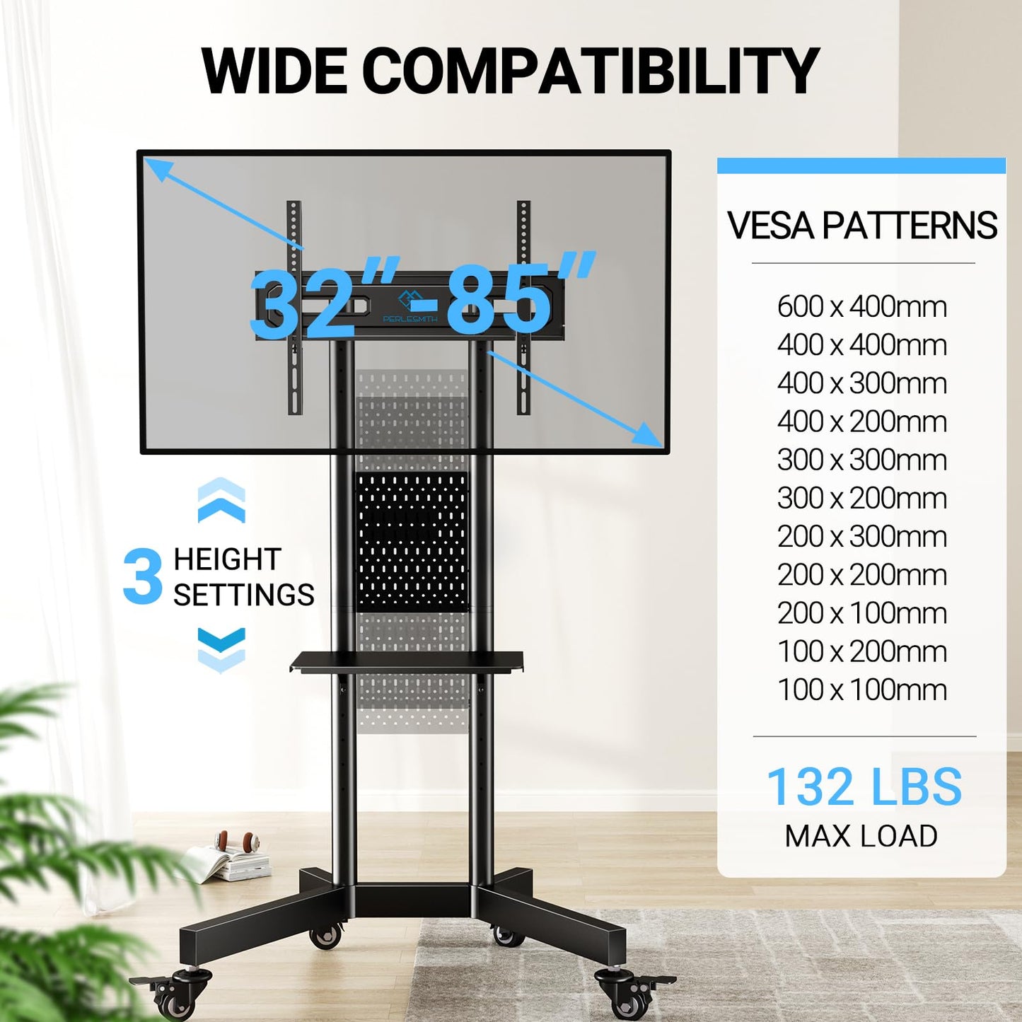 PERLESMITH Rolling TV Stand with Pegboard Storage for 32-85 Inch TVs Holds up to 132 Lbs, Height Adjustable Mobile TV Stand with Laptop Shelf, Portable tv Stand for 4K TVs Max VESA 600x400mm PSTVMC01