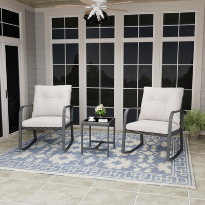 Temminkii Bistro 3 Piece Patio Furniture Set, Patio Table and Rattan Outdoor Rocking Chairs Set of 2, Outdoor Bistro Conversation Set for, Garden, Balcony, Poolside, Backyard, Beige