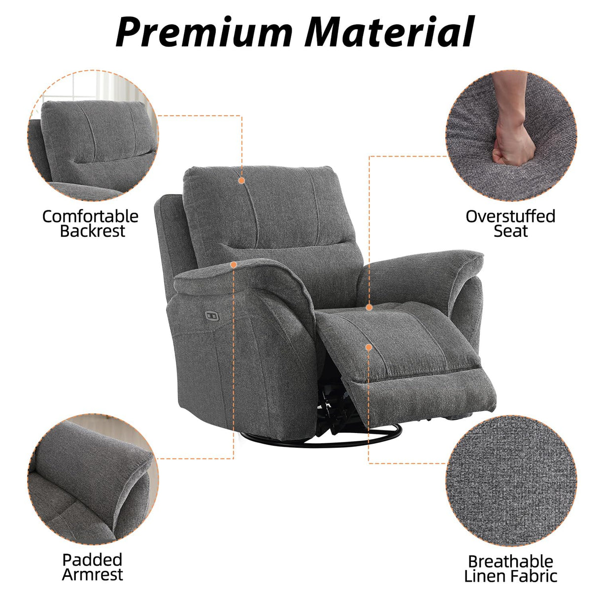 INZOY Glider Recliner Nursery Chair, Power Recliner Swivel Gider, Fabric Electric Swivel Recliner Rocker with Overstuffed Backrest, Power Recliner Chair Reclining Sofa for Living Room, Grey INZOY