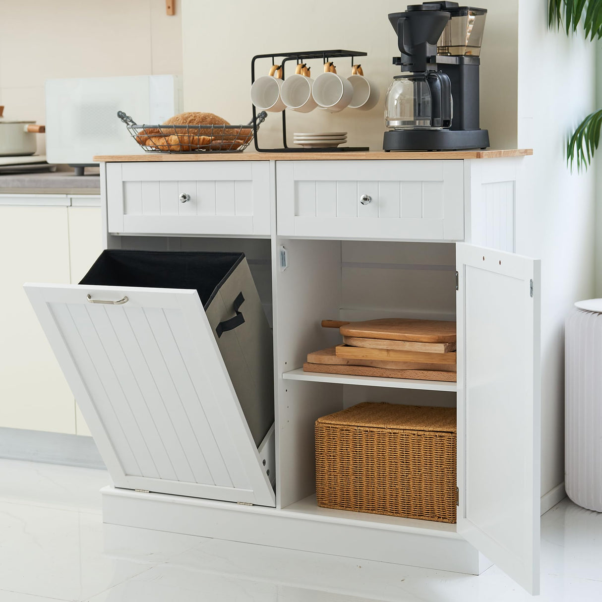 Spurgehom Dual Door Trash Cabinet Kitchen Waste Bins,13 Gallon Laundry Hamper Tilt Out Trash Can Cabinet, Pet Proof Trash Can for Living Room,White Spurgehom