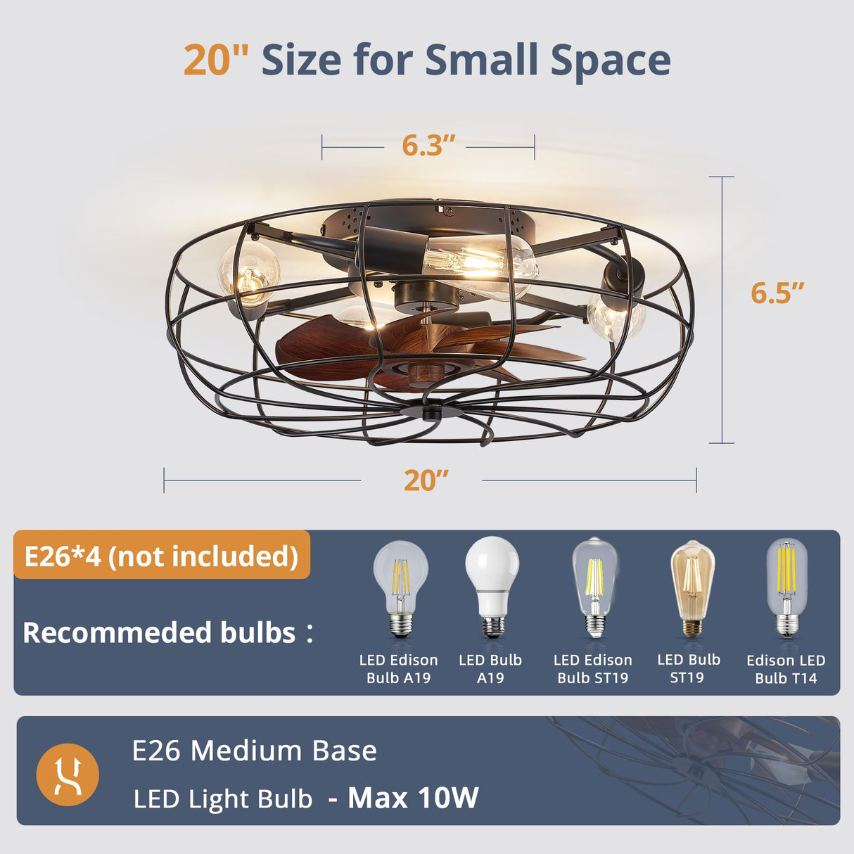 LEDIARY 20" Caged Ceiling Fans with Lights and Remote, Flush Mount Bladeless Ceiling Fan Low Profile, Small Farmhouse Industrial Enclosed Ceiling Fan with Light for Bedroom, Kitchen, Indoor LEDIARY