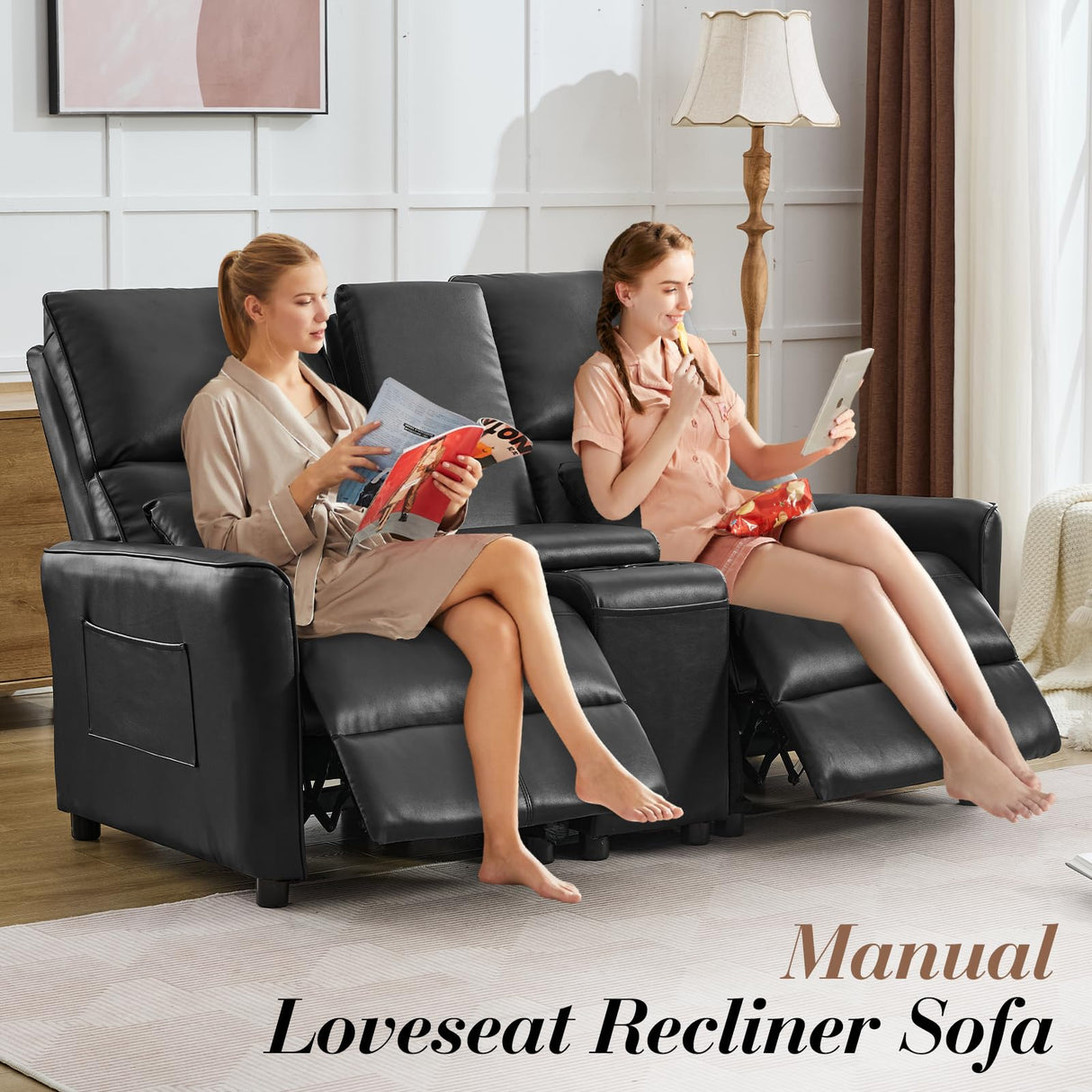 Loveseat Recliner Sofa, Push Back Double Wall Hugger Reclining Sofa Chair with Console, 2 Seat Leather Home Theater Seating with Cup Holder, Manual Comfy RV Furniture Sofa for Living Room, Light Black SENIFIS