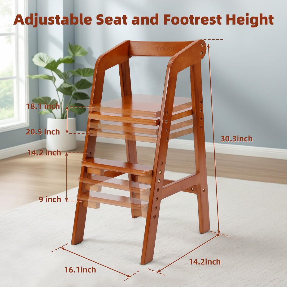 Yoleo Wooden High Chair for Toddlers to Teens, Adjustable Dining Feeding Chair with Steps Grows with Child, Max 60kg (Nut-Brown) YOLEO