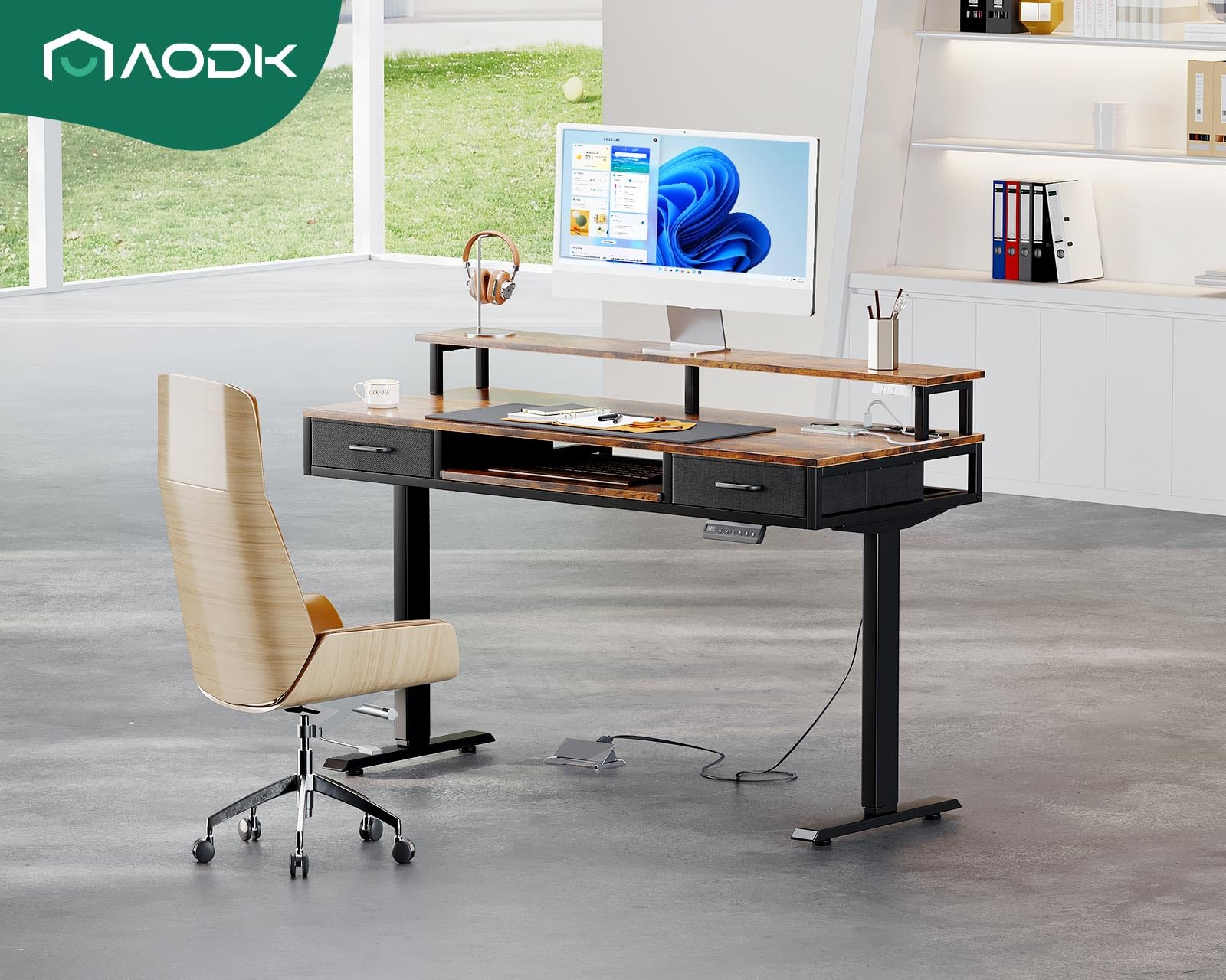 AODK Electric Standing Desk with 2 Drawers & Keyboard Tray and USB & LED Lights, 55inch Rustic Brown, Height Adjustable Desk with Power Outlets & LED Lights, Stand Up Desk with Monitor Shelf - WoodArtSupply