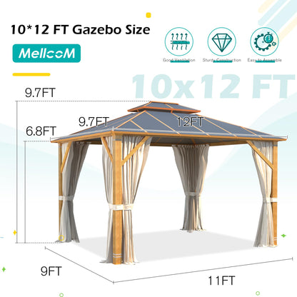 MELLCOM 10x12FT Hardtop Gazebo, Wooden Finish Coated Aluminum Patio Gazebo with Aluminum Composite Double Roof for Patio Lawn and Garden, Curtains and Netting Included - WoodArtSupply