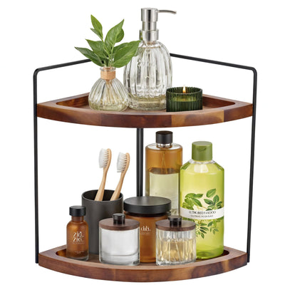 Demigo 2-Tier Acacia Wood Corner Counter Organizer - Elegant Storage Solution for Bathroom, Kitchen, and Vanity
