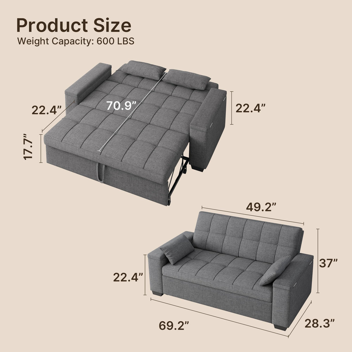 Gizoon Convertible Sofa Bed Futon, Queen Size Sleeper Loveseat with Pull Out Couch, 3 in 1 Linen Fabric Futon Couch with Side Pockets, Storage Armrest & Adjustable Backrest for Living Room, Dark Grey Gizoon