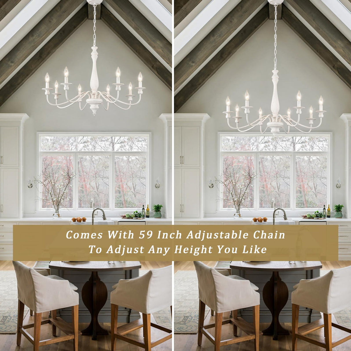 MRHYSWD Distressed White French Country Chandelier 8 Lights Rustic Farmhouse Chandelier for Dining Room Light Fixture Candle Pendant Lights Handmade Wood Chandeliers for Living Room Bedrooms Kitchen MRHYSWD