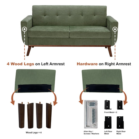 Kingfun 65.2" W Loveseat Sofa, Mid Century Modern Decor Love Seat Couches for Living Room, Button Tufted Upholstered Furniture, Solid & Easy to Install Small Couch for Bedroom Office Apartment, Green Kingfun
