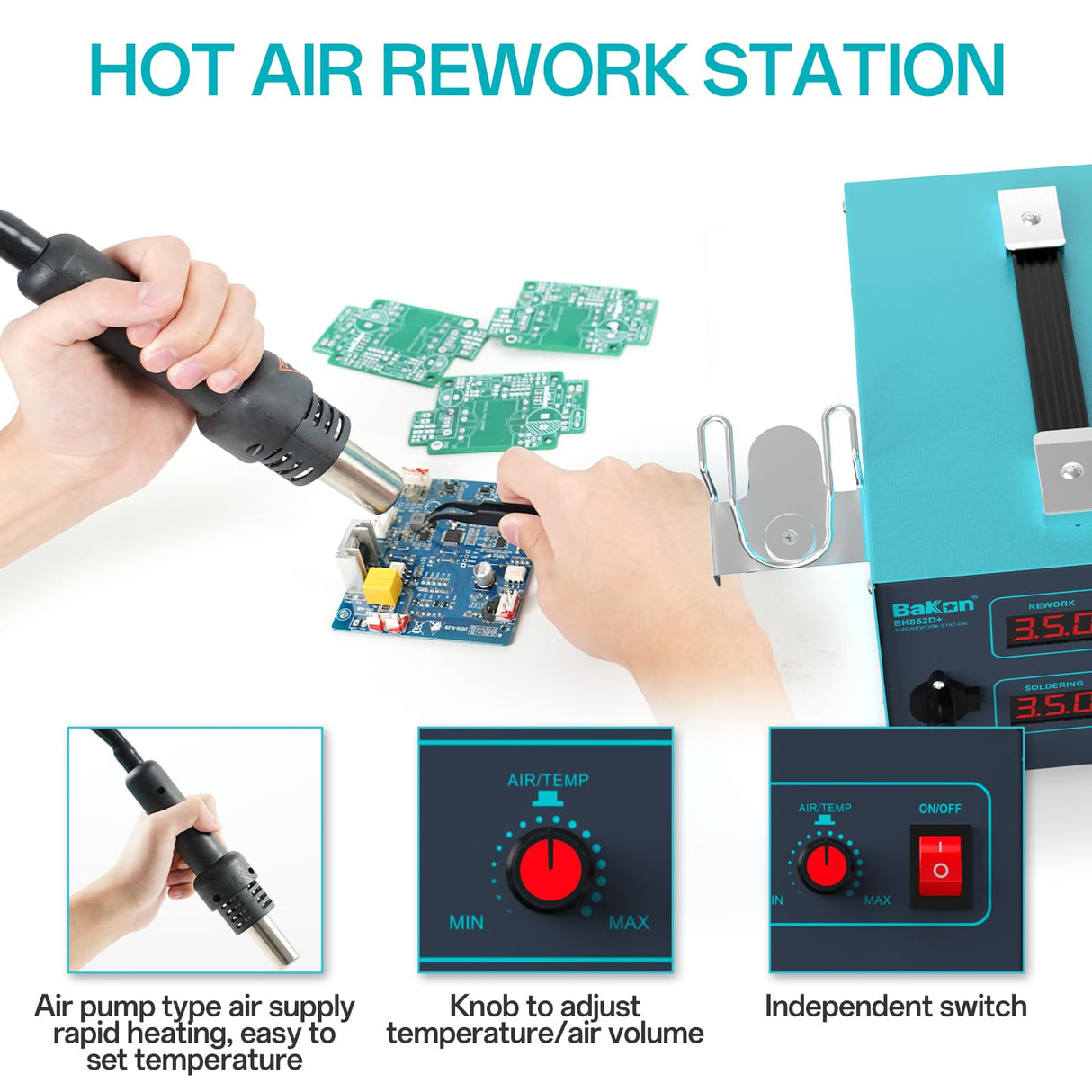 Bakon 852d+ Heat Gun And Soldering Iron 2-In-1 Kit, Smd Hot Air Rework Soldering Station, Multiple Functions Electronics Kit, Led Digital Display, Knob Type Adjustable Temperature (BK852D+) BAKON