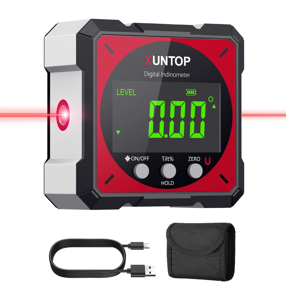 XUNTOP USB Charging Digital Level Box Angle Finder with Laser (Level 2), 4-side Strong Magnetic Angle Gauge IP54 Waterproof Inclinometer Level, Saving time and effort hanging decorations XUNTOP