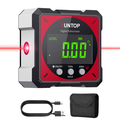 XUNTOP USB Charging Digital Level Box Angle Finder with Laser (Level 2), 4-side Strong Magnetic Angle Gauge IP54 Waterproof Inclinometer Level, Saving time and effort hanging decorations - WoodArtSupply