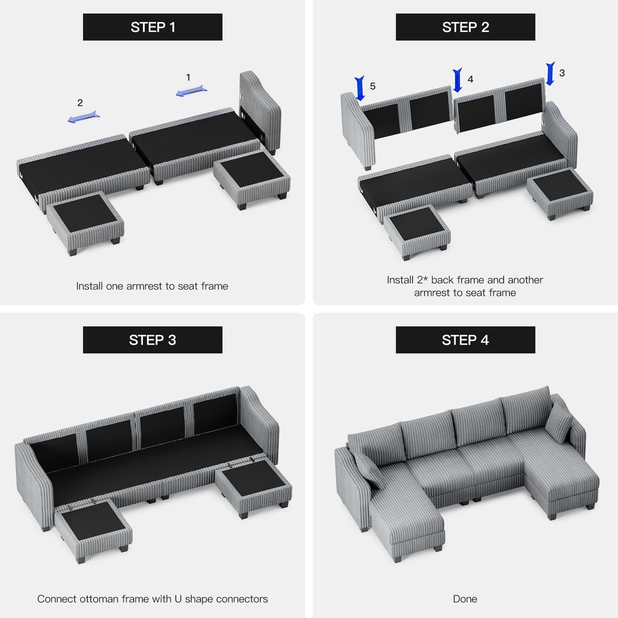 Belffin U Shaped Couch with Reversible Chaises Sectional Couches for Living Room Sectional Couch with Ottomans Corduroy (Light Grey, U Shaped) Belffin
