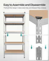 SONGMICS 5-Tier Storage Shelves, Load 2310 lb, Garage Storage, Boltless Assembly, Adjustable Shelving Unit, 11.8 x 29.5 x 59.1 Inches, for Study Shed Basement, Silver and Natural Beige UGLR300E01 SONGMICS