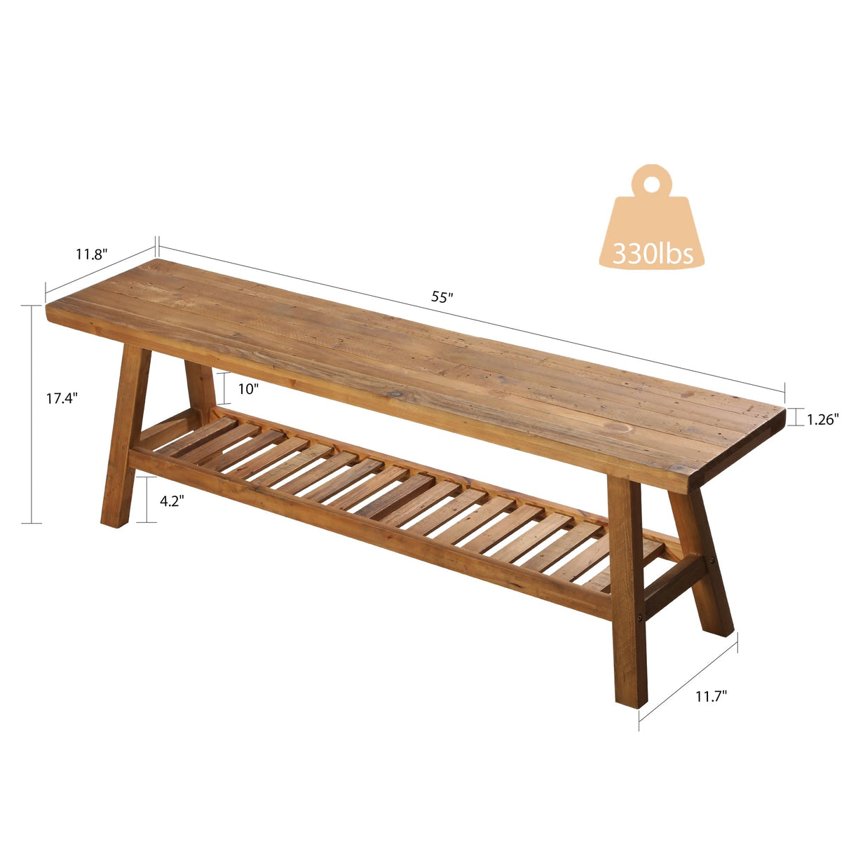 HOKYHOKY Reclaimed Solid Wood Bench-55 Inches Farmhouse Entryway Bench with Storage Shelf, Narrow Rustic Bench for Hallway, Kitchen, Bedroom, Dining HOKYHOKY