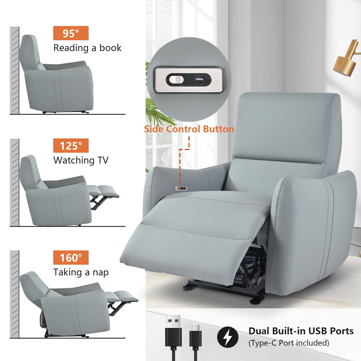 QicoFelix Electric Power Recliner, Wall Hugger Electric Recliner Chairs with USB Ports Sofa PU Leather Recliner for Living Room/Small Spaces QicoFelix