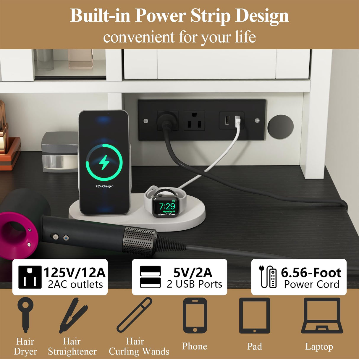 Gyfimoie Farmhouse Makeup Vanity Desk with Sliding Mirror and Lights, 42" White Vanity Set with Charging Station & 2 Drawers & 2 Cabinets, Dressing Table for Bedroom (White) Gyfimoie