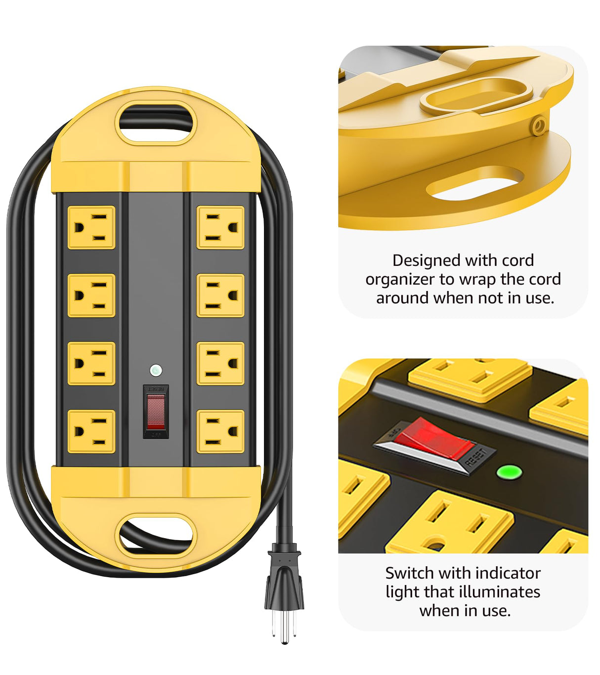 CCCEI Heavy Duty Power Strip Surge Protector, Metal 8 Outlets Power Strip for Appliance. Garage Shop Industrial Workbench 15 AMP Outlets Strip. 6FT Extension Cord, Yellow CCCEI