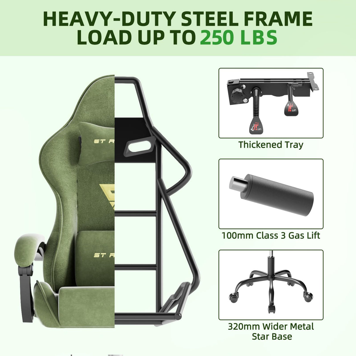 Ferghana Velvet Fabric Ergonomic Gaming Chair with Footrest and Massage, High Back Reclining Computer Gamer Chair for Adult, Racing Style PC Video Game Chair Suitable for Home Office (Green) Ferghana