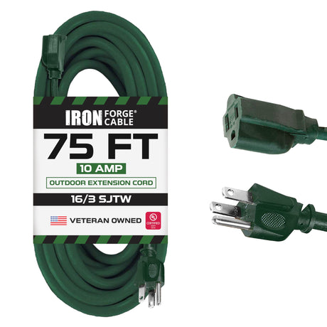 IRON FORGE CABLE 75 Foot Outdoor Extension Cord - 16/3 SJTW Weatherproof Green Extension Cord 3 Prong Grounded Plug for Safety, Long Exterior Cable 75 ft for Landscaping, Lawn & Outdoor Lights IRON FORGE CABLE