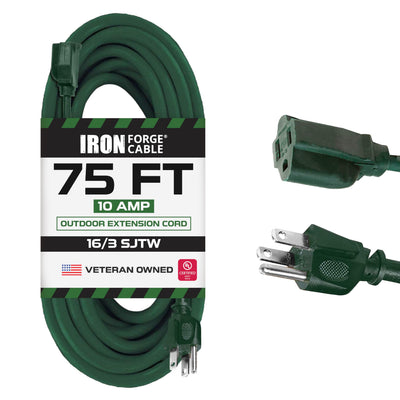 IRON FORGE CABLE 75 Foot Outdoor Extension Cord - 16/3 SJTW Weatherproof Green Extension Cord 3 Prong Grounded Plug for Safety, Long Exterior Cable 75 ft for Landscaping, Lawn & Outdoor Lights