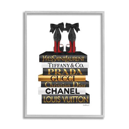 Stupell Industries Red Bottom Heels Glam Fashion Bookstack, Designed by Amanda Greenwood Gray Framed Wall Art, 24 x 30, Black - WoodArtSupply