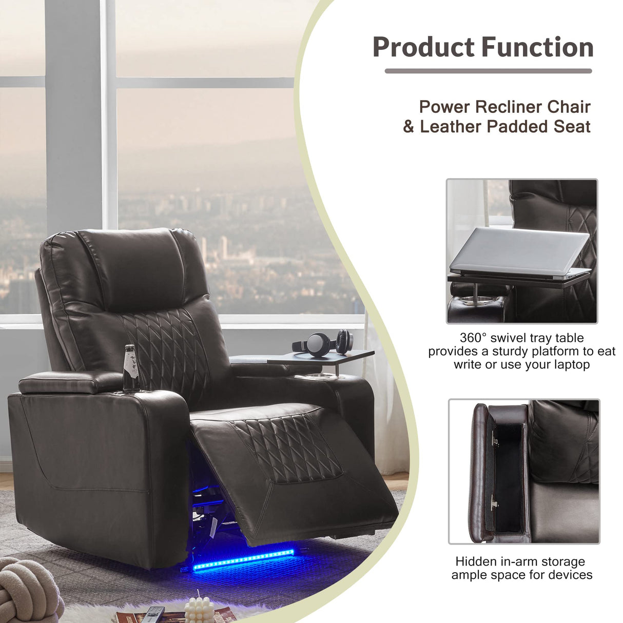 Merax Electric Recliner Chair with USB Charge Port, 360 Swivel Tray Table, Hand in-Arm Storage, and Cup Holders, Ambient Lighting - Ambient Lighting Gaming Recliner Chair Home Theater Seating (Brown) Merax