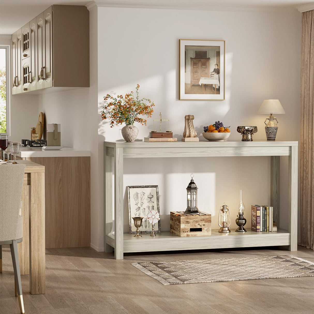 Besiost 47" Farmhouse Wood Entryway Table Narrow Console Table with Storage Behind Couch Sofa Table with Shelves Entry Way Table with Open Storage, Easy Assembly, Classical Washed Oak Besiost